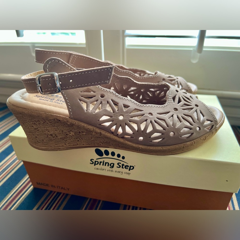 Spring Step Beige Wedge Sandals with Floral Cut-Outs